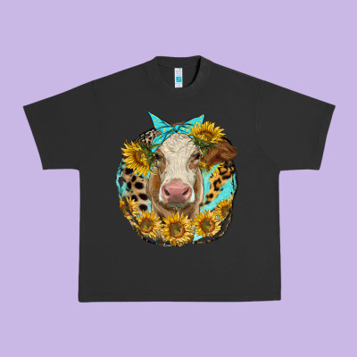 Simmental Heifer With Sunflowers And Leopard Urban Heavy Tee Designed By Lillyallendesigns