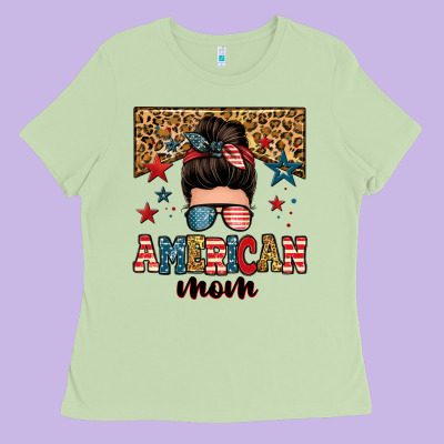 American Mom Junkie Messy Bun Ladies Tee Designed By Zillion Design Studio