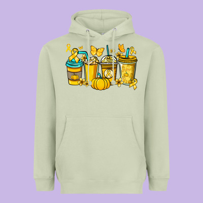 Childhood Cancer Coffee Cups Yellow Ribbon Heavyweight Hoodie Designed By Nancycooperartshop