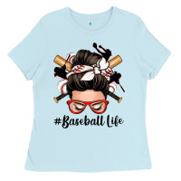 Baby Blue baseball life messy bun Ladies Tee - Zillion Design Studio