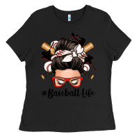 Black baseball life messy bun Ladies Tee - Zillion Design Studio