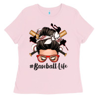 Bubblegum Pink baseball life messy bun Ladies Tee - Zillion Design Studio