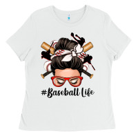 White baseball life messy bun Ladies Tee - Zillion Design Studio