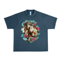Midnight Navy mustang horse with floral background Urban Heavy Tee - LillyAllenDesigns