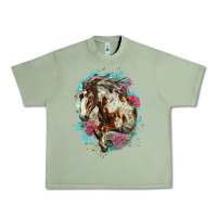 Oil Green mustang horse with floral background Urban Heavy Tee - LillyAllenDesigns