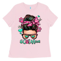 Bubblegum Pink cat mom messy bun Ladies Tee - Zillion Design Studio