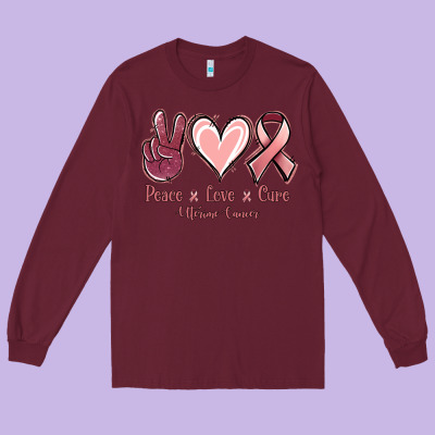 Peace Love Cure Uterine Cancer Long Sleeve Tee Designed By Nancycooperartshop