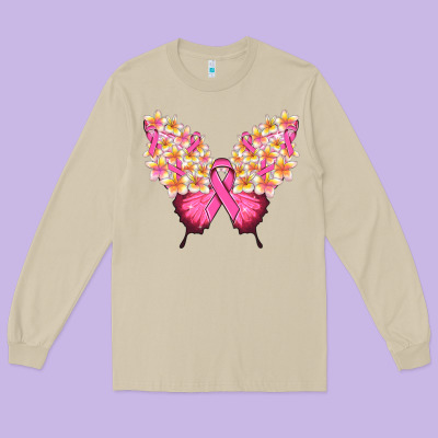 Pink Ribbon Breast Cancer Butterfly Long Sleeve Tee Designed By Nancycooperartshop
