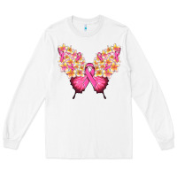 White Pink ribbon Breast Cancer butterfly Long Sleeve Tee - NancyCooperArtShop
