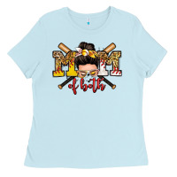 Baby Blue mom of both baseball and softball messy bun Ladies Tee - Zillion Design Studio