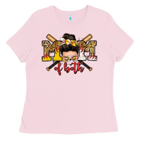 Bubblegum Pink mom of both baseball and softball messy bun Ladies Tee - Zillion Design Studio