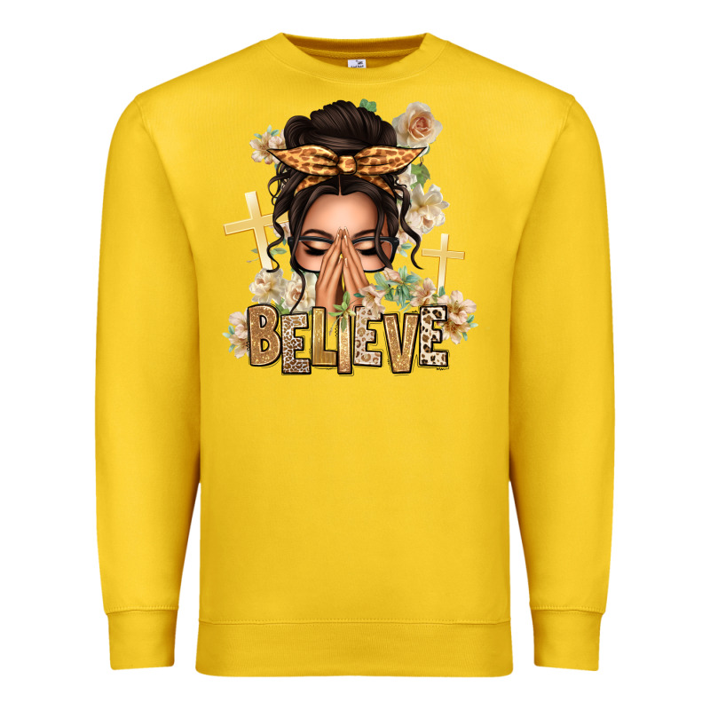 Believe Praying Caucasian Messy Bun Premium Sweatshirt by texasbilliewilder | Teevron