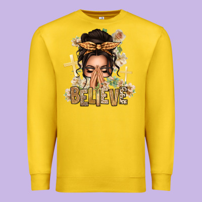 Believe Praying Caucasian Messy Bun Premium Sweatshirt Designed By Texasbilliewilder
