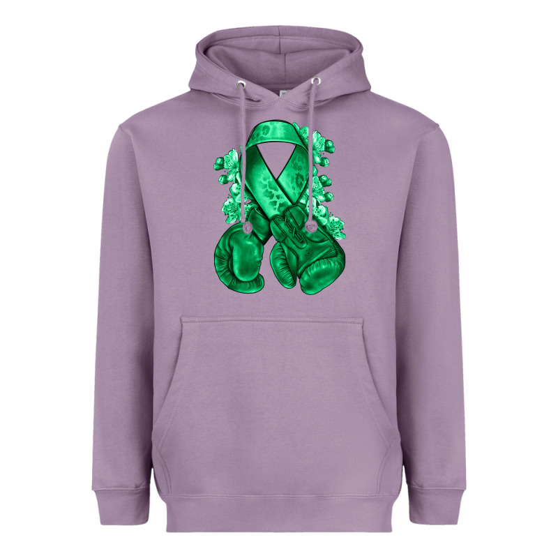 Emerald Green Ribbon Liver Cancer Boxing Gloves Heavyweight Hoodie by NancyCooperArtShop | Teevron