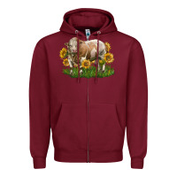 Burgundy simmental bull with sunflowers Zipper Hoodie - LillyAllenDesigns