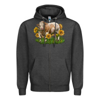 Charcoal Heather simmental bull with sunflowers Zipper Hoodie - LillyAllenDesigns