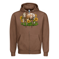 Chestnut simmental bull with sunflowers Zipper Hoodie - LillyAllenDesigns