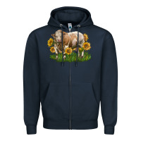 Navy simmental bull with sunflowers Zipper Hoodie - LillyAllenDesigns