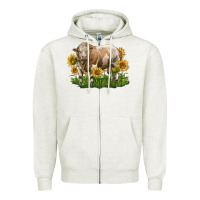 Oatmeal Heather simmental bull with sunflowers Zipper Hoodie - LillyAllenDesigns