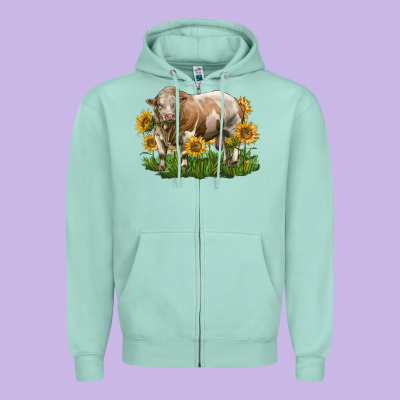 Simmental Bull With Sunflowers Zipper Hoodie Designed By Lillyallendesigns
