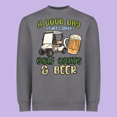 A God Day Starts With Golf Carts And Beer Heavyweight Sweatshirt Designed By Maliassmallbusiness