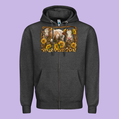 Simmental Bull And Heifer With Sunflowers Zipper Hoodie Designed By Lillyallendesigns