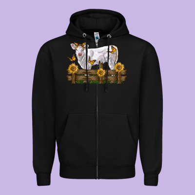 Charolais Calf With Sunflowers Zipper Hoodie Designed By Lillyallendesigns
