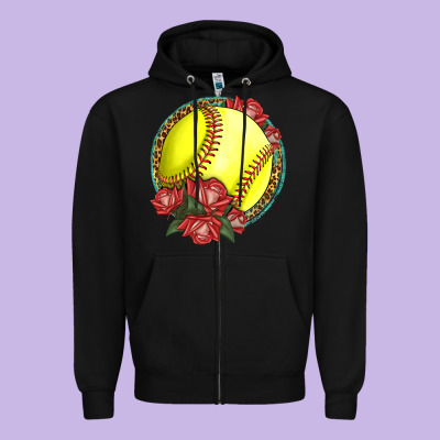 Western Softball With Roses Zipper Hoodie Designed By Lillyallendesigns