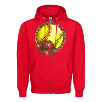 Red Western Softball With Roses Zipper Hoodie - LillyAllenDesigns