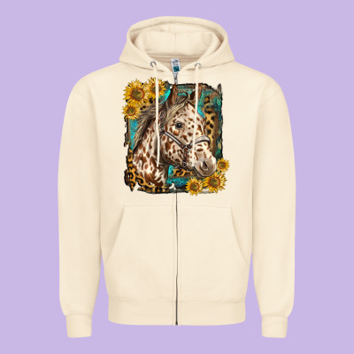 Appaloosa Horse With Sunflowers And Western Background Zipper Hoodie Designed By Lillyallendesigns
