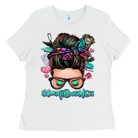 White small business messy bun Ladies Tee - Zillion Design Studio