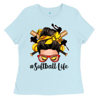 Baby Blue softball life messy bun Ladies Tee - Zillion Design Studio