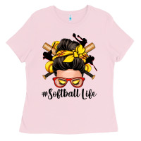 Bubblegum Pink softball life messy bun Ladies Tee - Zillion Design Studio