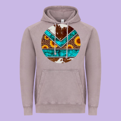 Turquoise Cowhide Leopard Sunflowers Round Vintage Hoodie Designed By Artiststas