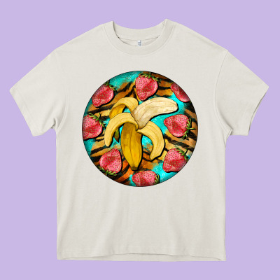 Banana And Strawberries With Tiger Pattern Heavy Core Tee Designed By Barkaloodesign