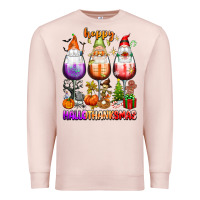 Pale Pink Happy Hallothanksmas wine glasses and gnomes Premium Sweatshirt - texasbilliewilder