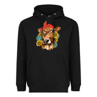 Black Western Cow with Sunflowers and Gemstone Heavyweight Hoodie - texasbilliewilder