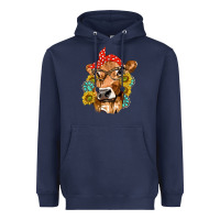 Navy Western Cow with Sunflowers and Gemstone Heavyweight Hoodie - texasbilliewilder