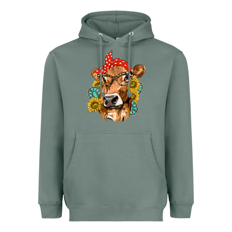Western Cow With Sunflowers And Gemstone Heavyweight Hoodie by texasbilliewilder | Teevron