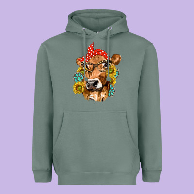 Western Cow With Sunflowers And Gemstone Heavyweight Hoodie Designed By Texasbilliewilder