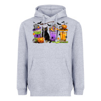 Heather Grey Halloween Cat Coffee Cups Heavyweight Hoodie - texasbilliewilder