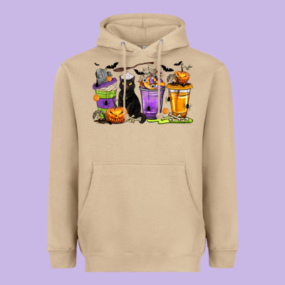 Halloween Cat Coffee Cups Heavyweight Hoodie Designed By Texasbilliewilder