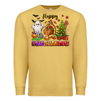Antique Gold Happy Hallothanksmas with ghost turkey and tree Premium Sweatshirt - texasbilliewilder