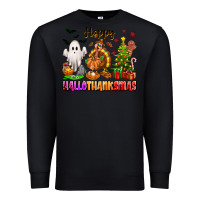Black Happy Hallothanksmas with ghost turkey and tree Premium Sweatshirt - texasbilliewilder