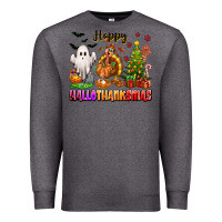Charcoal Heather Happy Hallothanksmas with ghost turkey and tree Premium Sweatshirt - texasbilliewilder