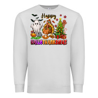Dove Grey Happy Hallothanksmas with ghost turkey and tree Premium Sweatshirt - texasbilliewilder