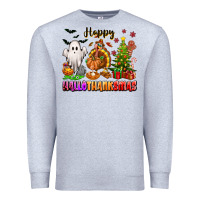 Heather Grey Happy Hallothanksmas with ghost turkey and tree Premium Sweatshirt - texasbilliewilder