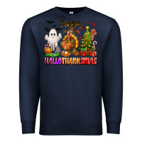Navy Happy Hallothanksmas with ghost turkey and tree Premium Sweatshirt - texasbilliewilder