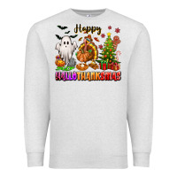 Oatmeal Heather Happy Hallothanksmas with ghost turkey and tree Premium Sweatshirt - texasbilliewilder