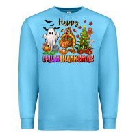 Ocean Blue Happy Hallothanksmas with ghost turkey and tree Premium Sweatshirt - texasbilliewilder